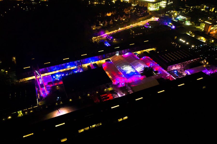 Aerial view of a frame marquee set up for an Oxford college ball